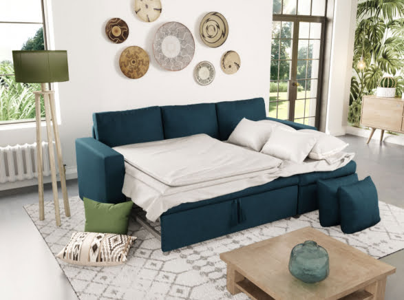 20 Canapé D'angle Maria Réversible Et Convertible Avec Coffre En Tissu Bleu 