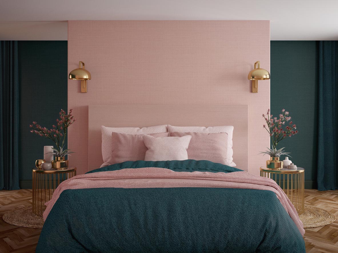 Chambre mur rose poudré et bleu marine 