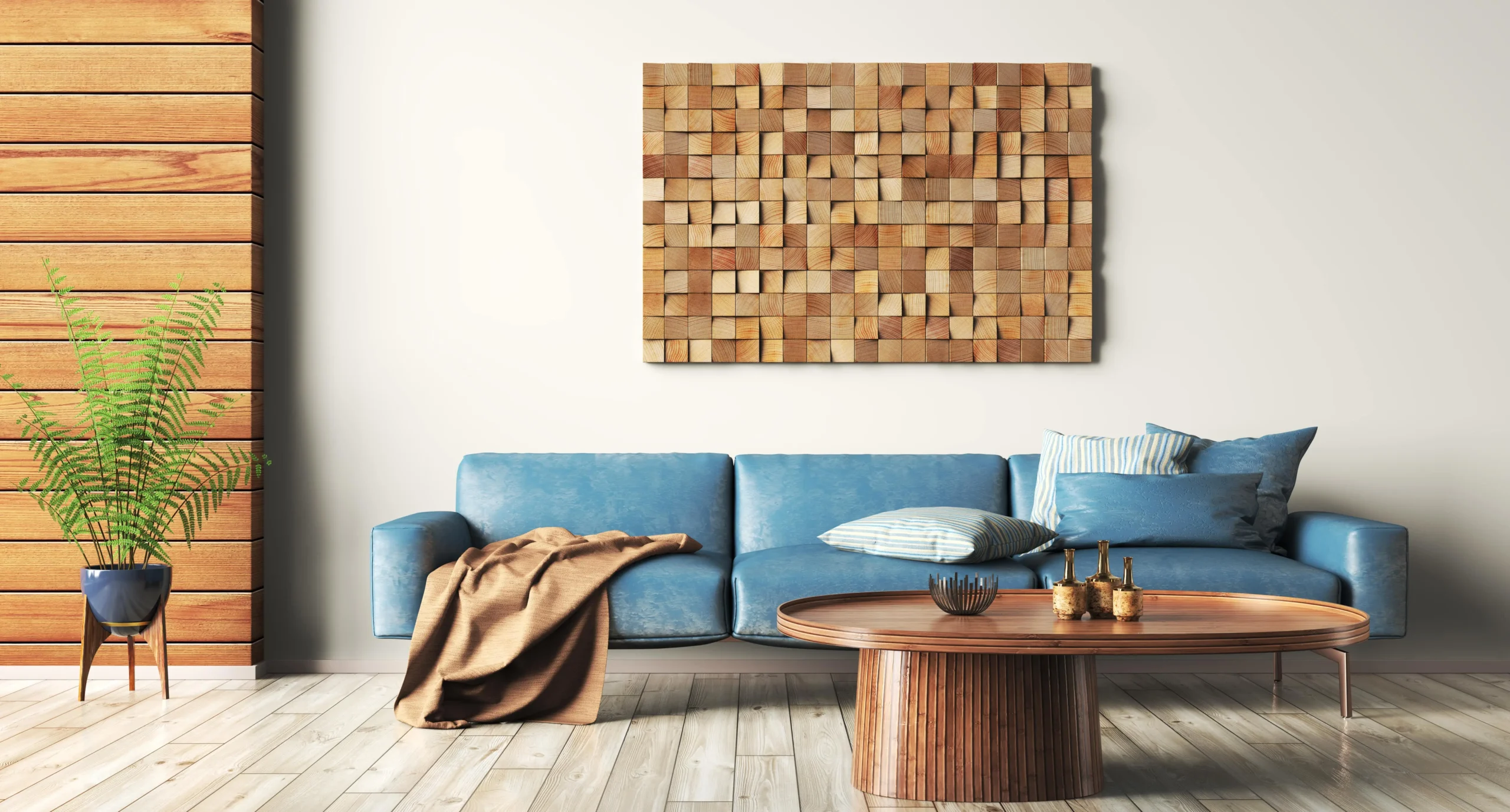 Décoration en bois comme point focal dans un salon