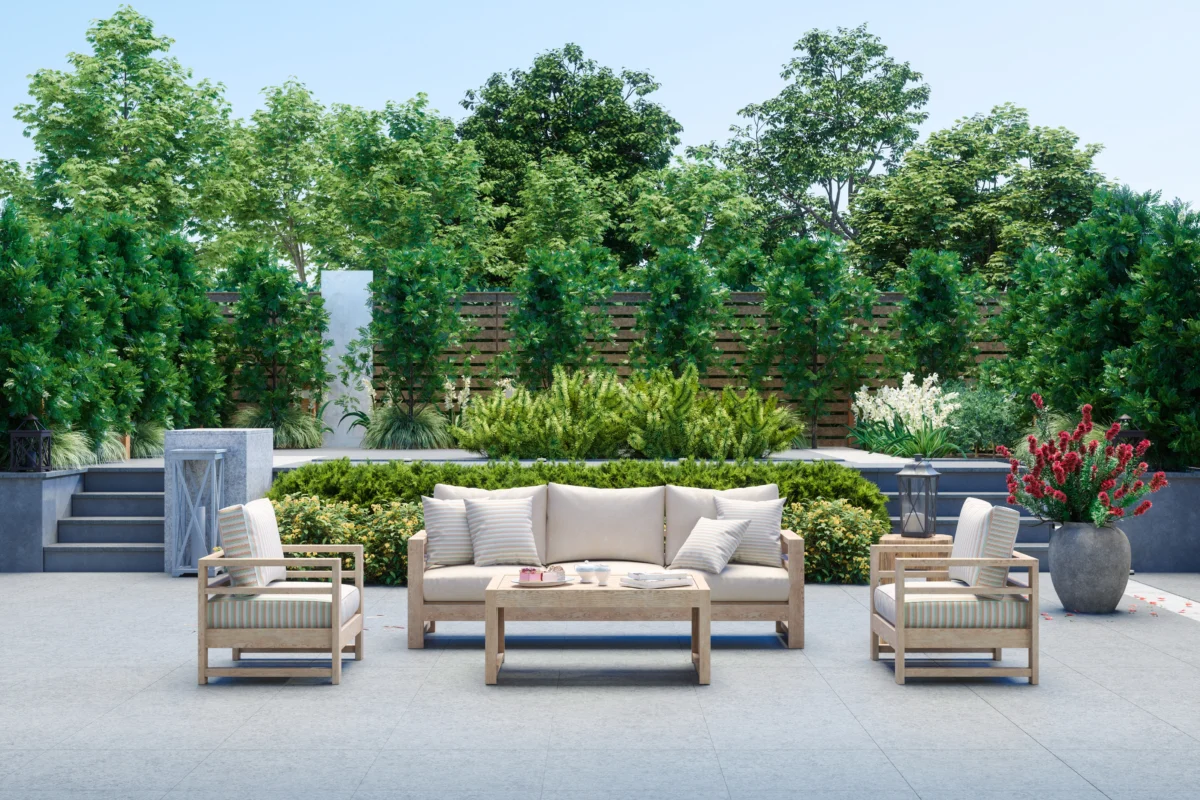 Un extérieur bien aménagé et bien équipé, avec une vue sur le jardin