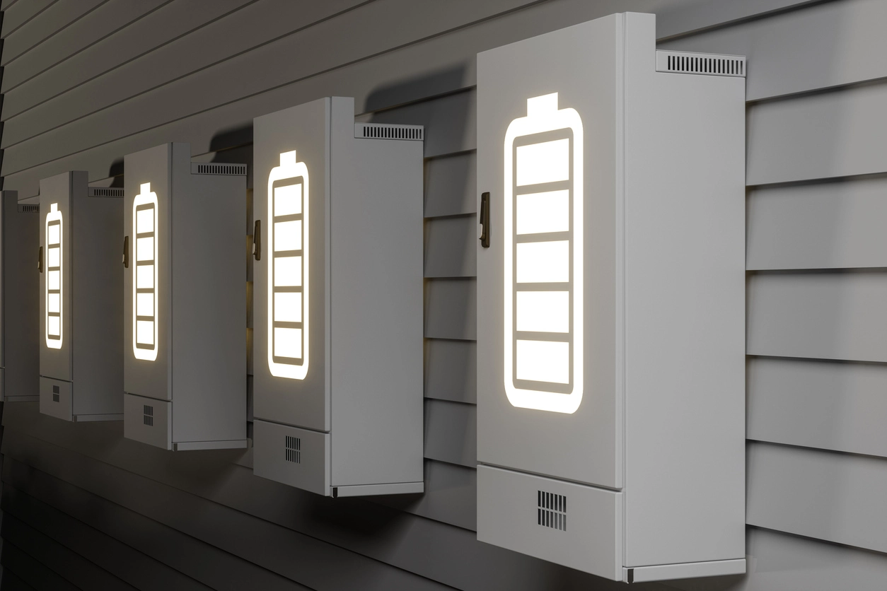 Vue rapprochée du système de stockage de batterie domestique sur la façade du bâtiment