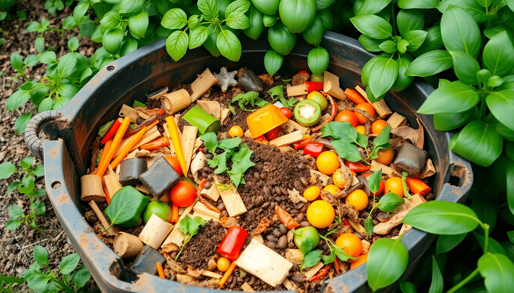 Bac à compost de jardin avec des épluchures de légumes colorées, des marc de café, des feuilles et des tontes de gazon entourés de plantes vertes, ...