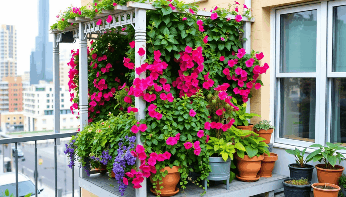 Balcon urbain rempli de fleurs grimpantes colorées sur des treillis, de jardinières suspendues et de pots empilés contre un arrière-plan de paysage...