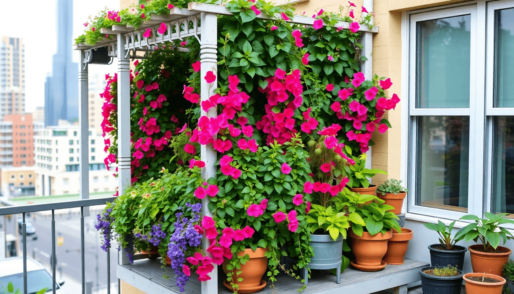 Balcon urbain rempli de fleurs grimpantes colorées sur des treillis, de jardinières suspendues et de pots empilés contre un arrière-plan de paysage...