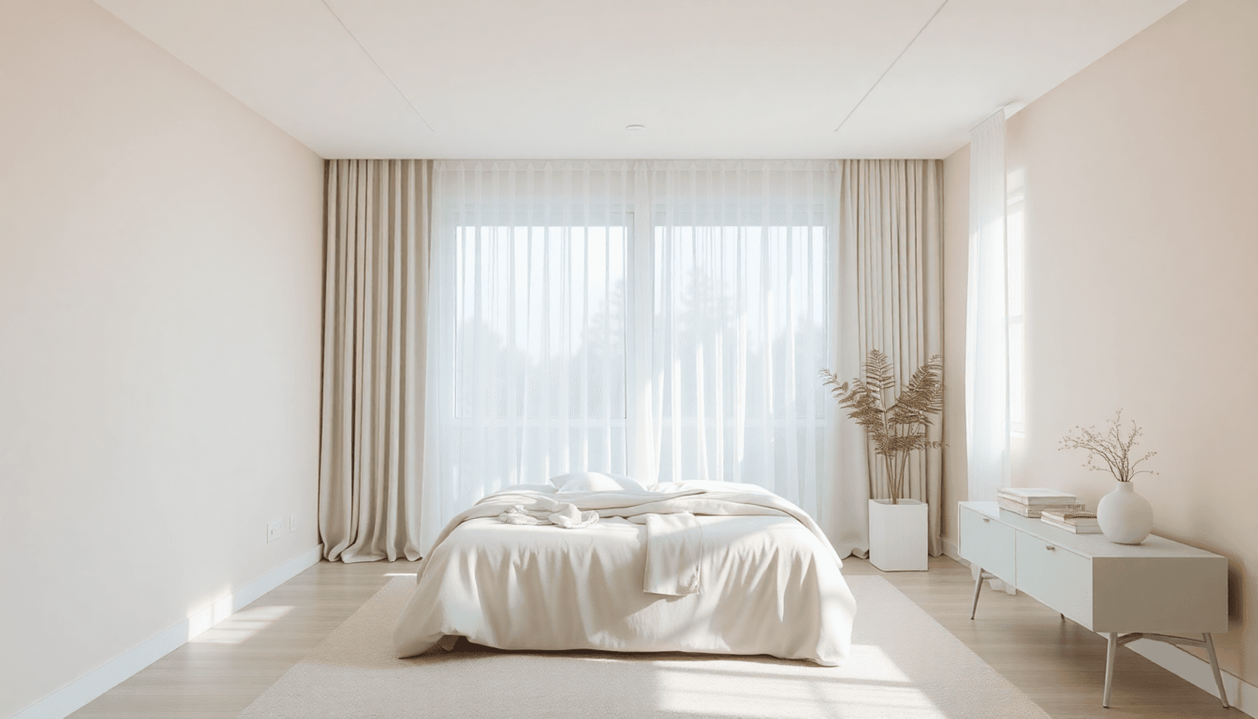 Chambre minimaliste avec des tons pastel beige, gris, rose, bleu et vert, lumière naturelle douce à travers des rideaux en voile créant une atmosph...