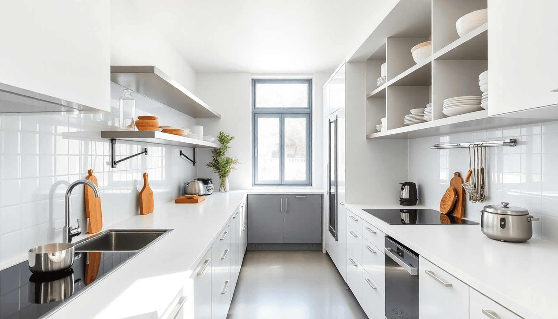 Cuisine moderne étroite et lumineuse avec de longs plans de travail, un rangement élégant et une lumière naturelle mettant en valeur un design épur...