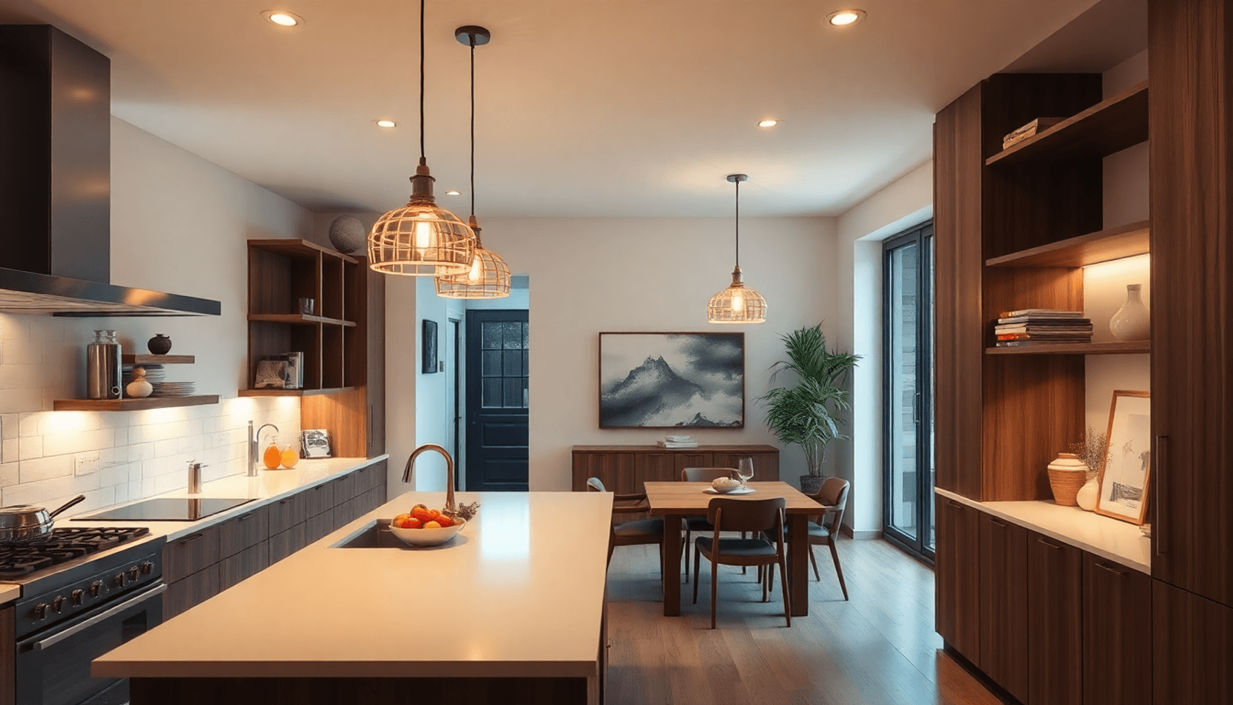 Cuisine ouverte moderne avec des plans de travail élégants, des luminaires suspendus, un éclairage chaleureux et un coin repas confortable dans une...