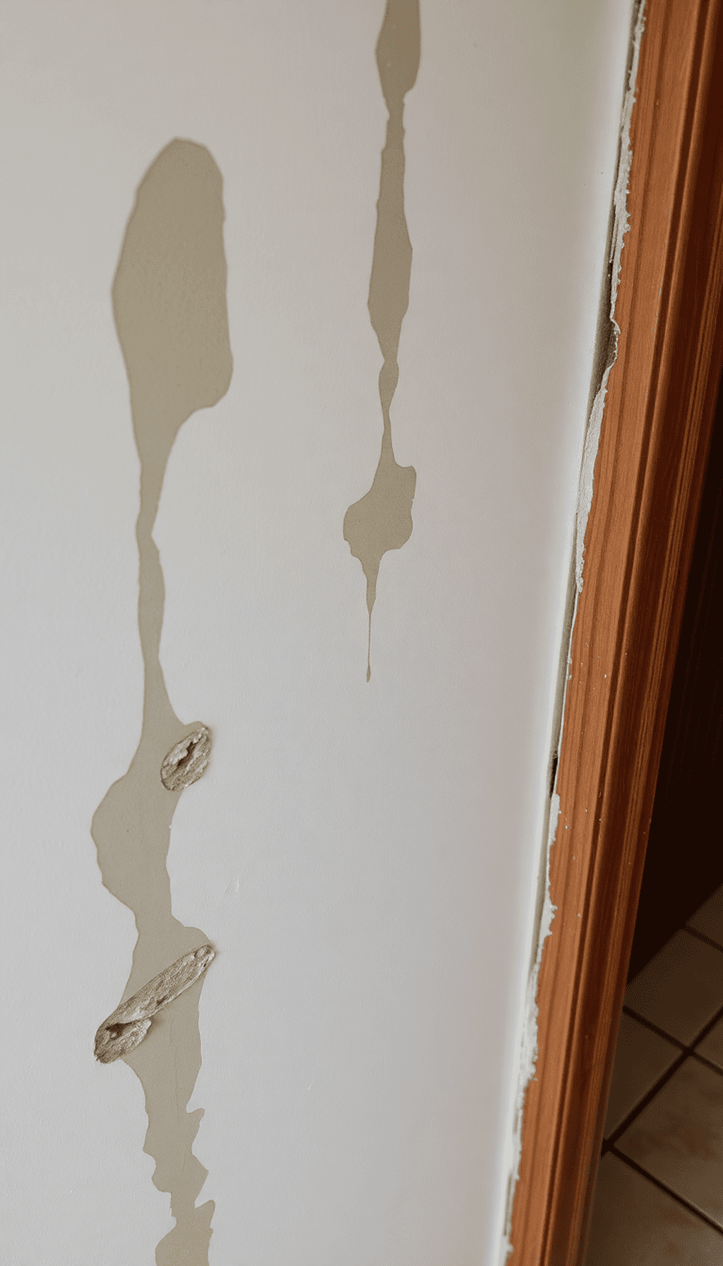 Gros plan sur un mur intérieur endommagé avec des taches d'eau, de la peinture écaillée, de la moisissure, du bois déformé et des carreaux fissurés...