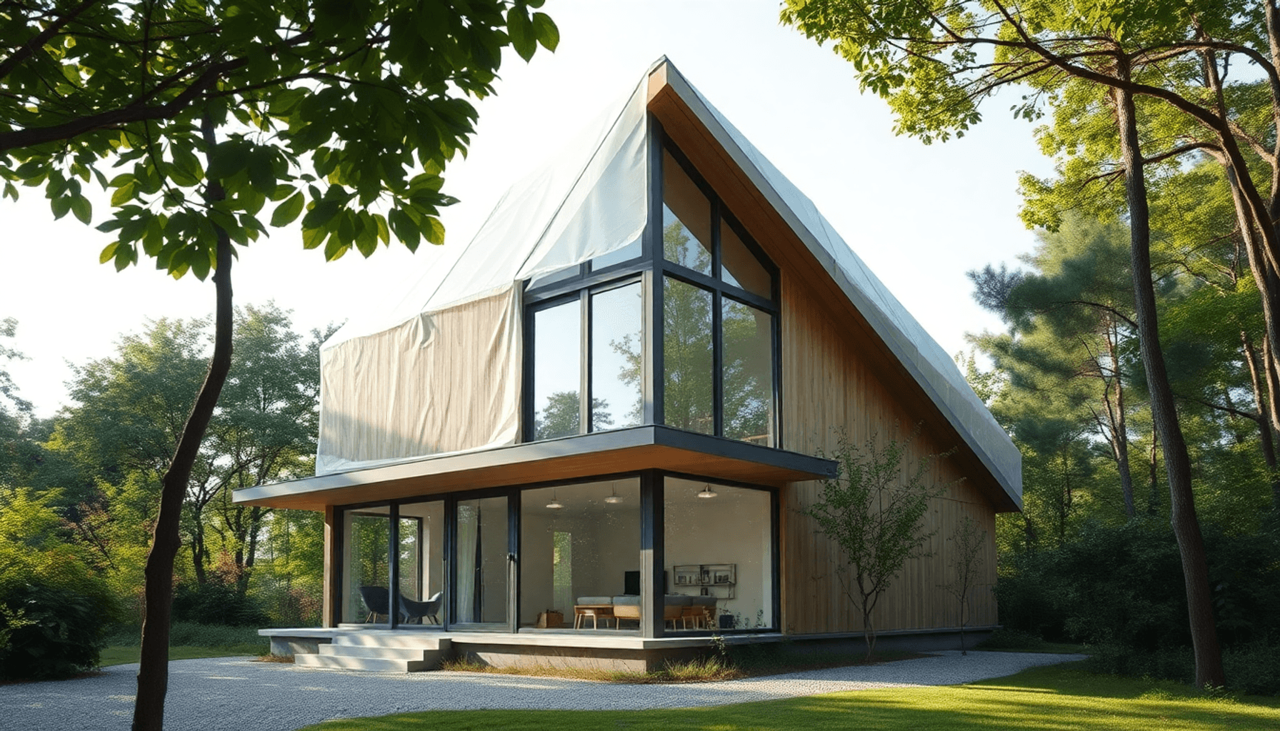 Maison moderne écologique en cours de rénovation avec isolation en fibre de bois naturelle et haute technologie, entourée d'arbres verts dans un ca...