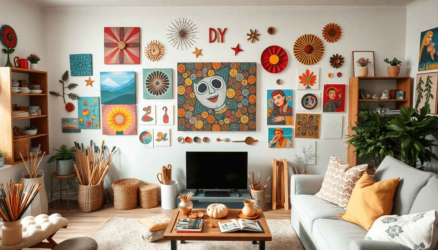 Mur de salon lumineux et confortable avec des œuvres d'art DIY colorées, des objets faits main, des pinceaux et des matériaux éparpillés, mettant e...