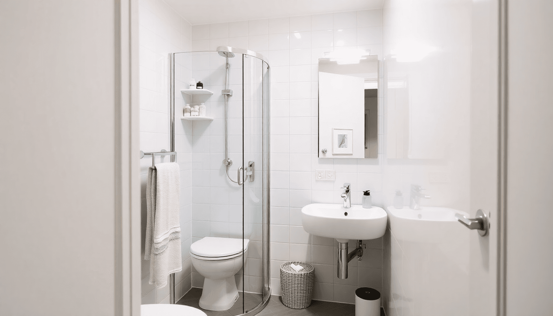Salle de bain lumineuse et étroite avec rangement vertical, équipements compacts et design minimaliste mettant en valeur des lignes épurées et une ...
