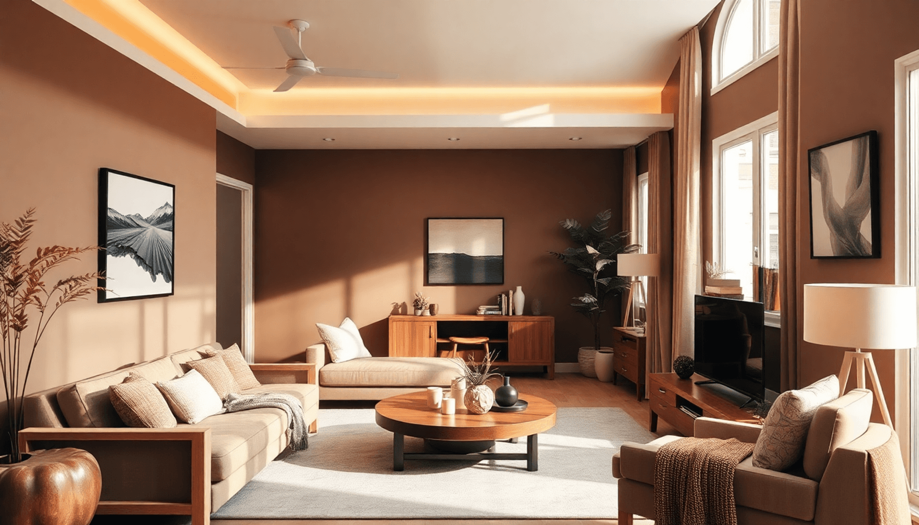 Salon confortable avec des murs marron mocha, des accents dorés, des meubles en bois et une décoration terreuse, éclairé par une douce lumière natu...