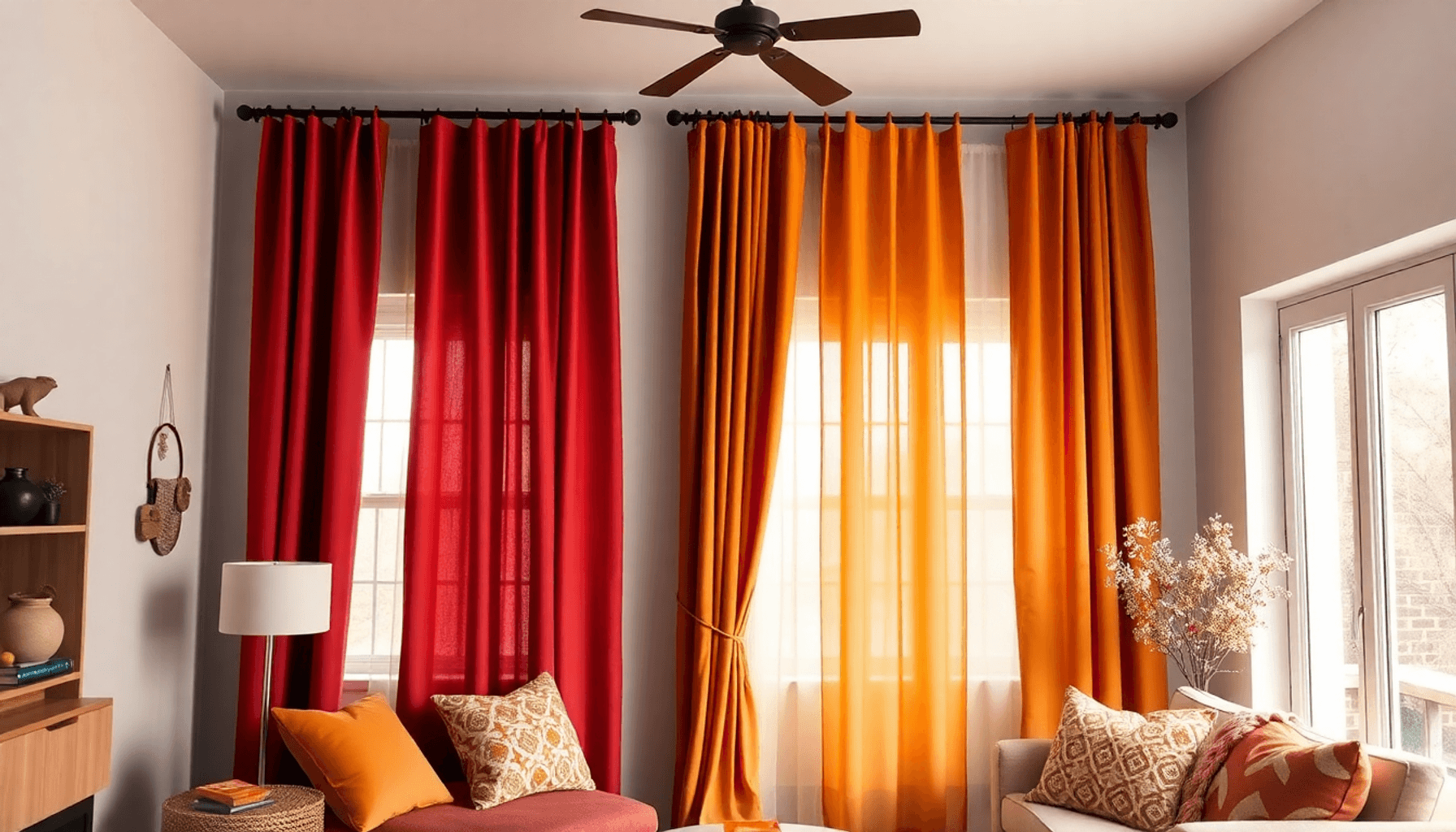 Salon confortable avec des rideaux aux tons chauds en ocre, rouge profond, terre cuite, orange doux et jaune safran, illuminé par une douce lumière...