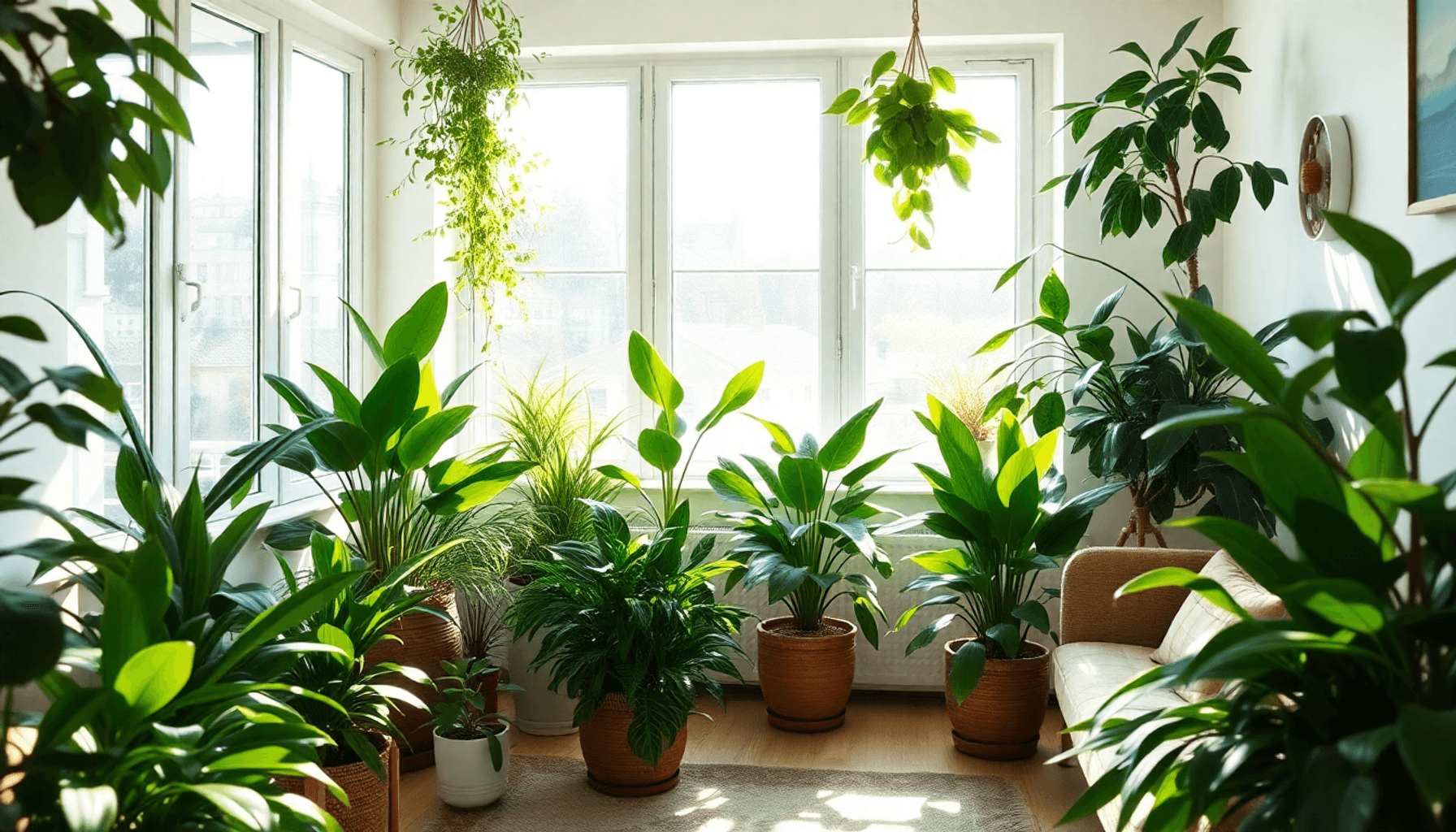 Salon confortable avec la lumière du soleil filtrant à travers les fenêtres, mettant en valeur des plantes d'intérieur vertes vibrantes et créant u...