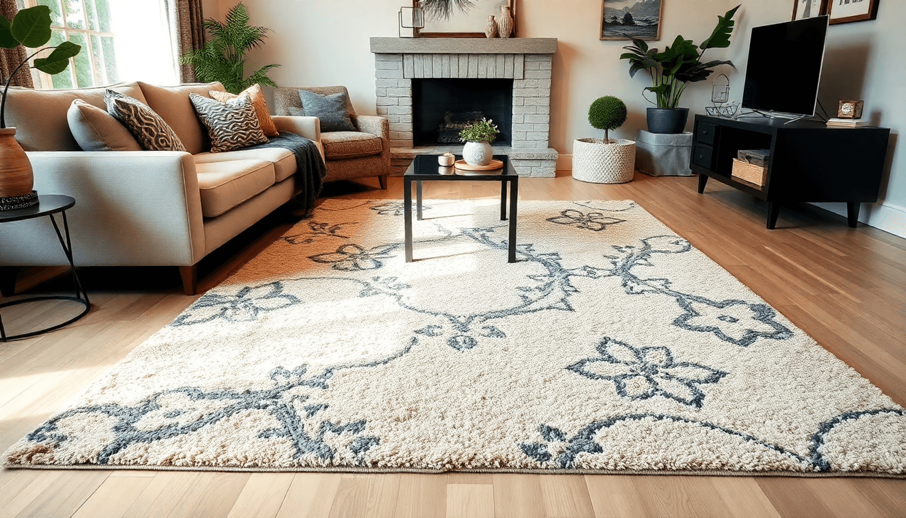 Salon cosy avec un tapis d'aire texturé, des meubles élégants et un éclairage chaleureux créant une atmosphère accueillante et harmonieuse.
