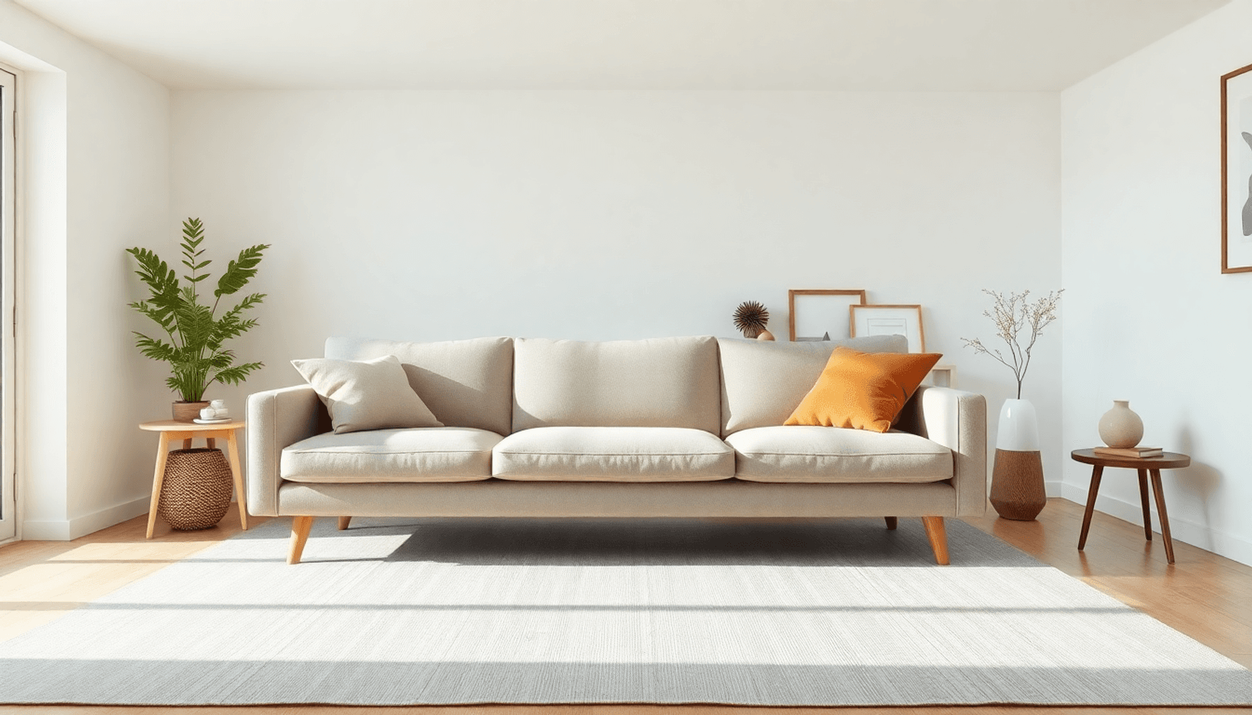 Salon minimaliste avec un canapé neutre élégant, des pieds en bois, une décoration scandinave et japonaise, une lumière naturelle douce et une atmo...