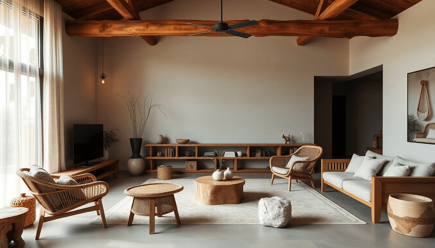 Salon moderne avec des meubles en bois brut, des chaises en rotin, des accents en pierre et un éclairage naturel chaud créant un espace contemporai...