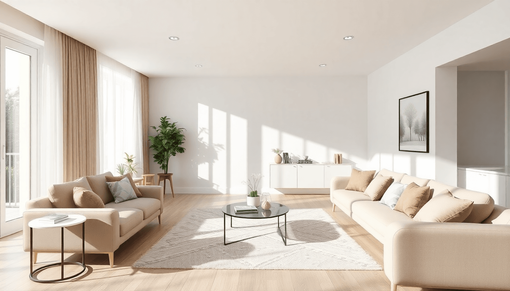 Salon moderne et lumineux avec des meubles minimalistes, de la lumière naturelle et une décoration de bon goût créant une atmosphère spacieuse, pro...